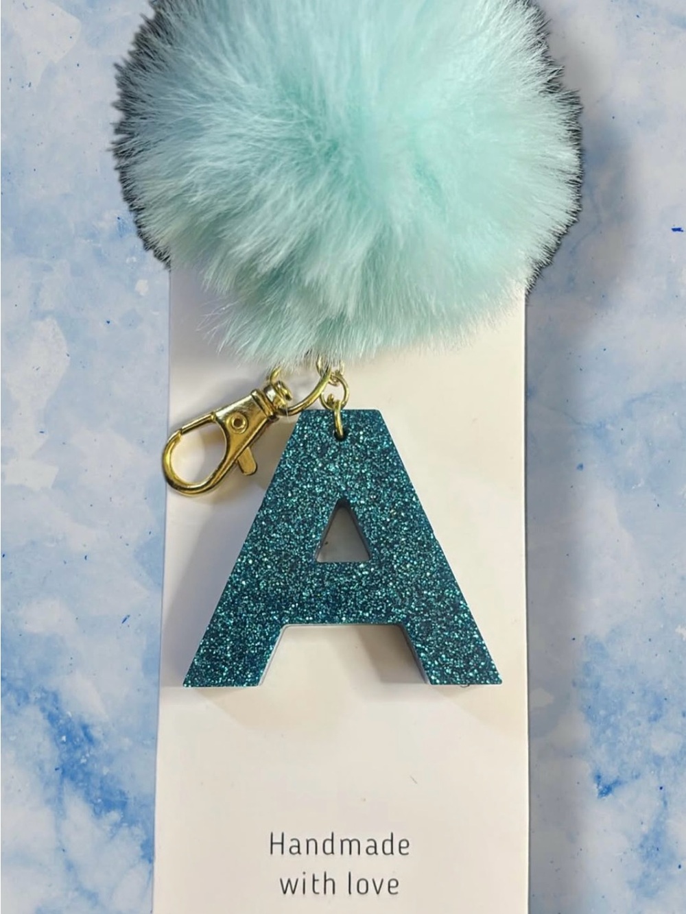 Handmade Sparkle 'A' Initial Keychain with Mint Pom Pom